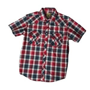 Coevals Club men’s short sleeve red and blue plaid pearl snap shirt